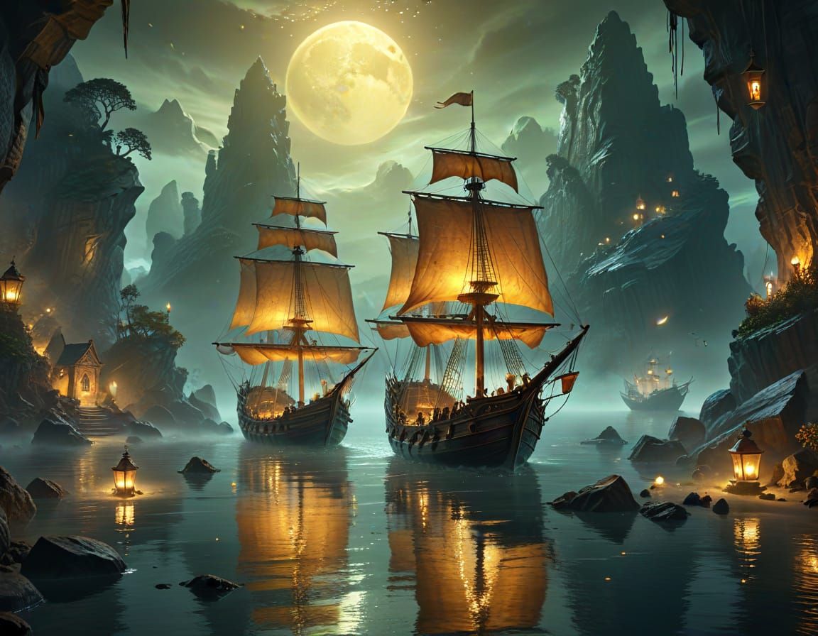 Elves Guide Galleon Through Golden Mist: Digital Art