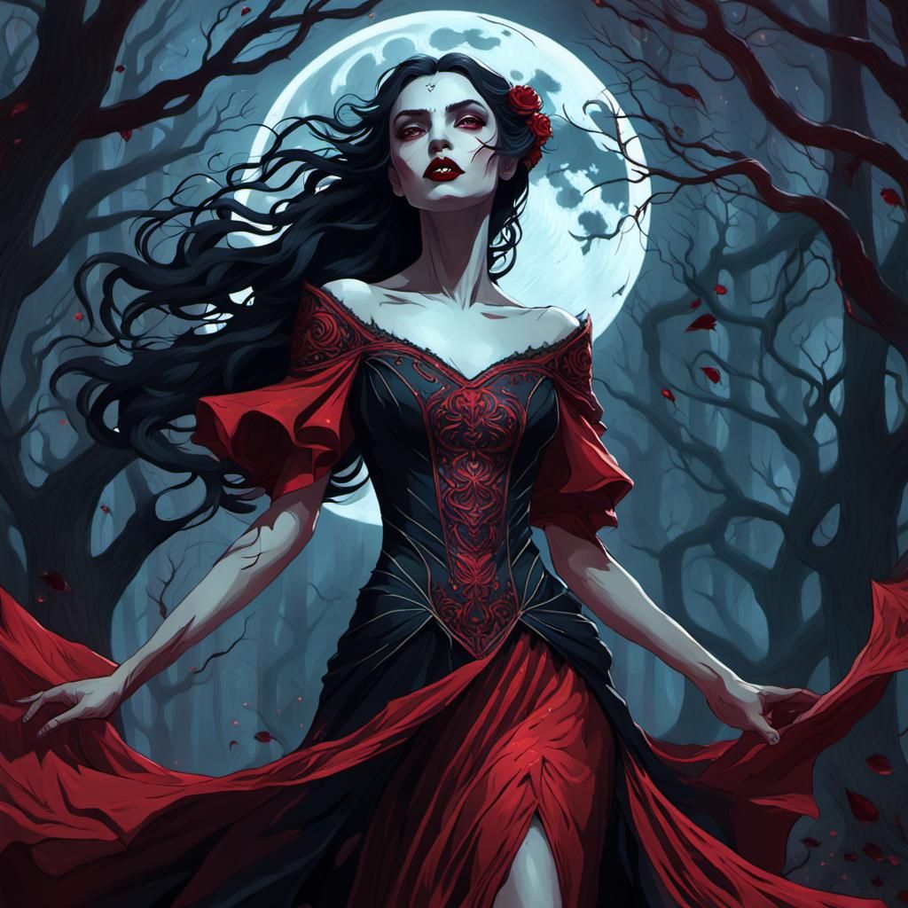 Vampire Dances in Moonlit Forest, Art Nouveau Style