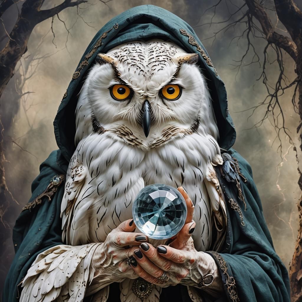 Owl-faced Witch with Crystal Ball: Vibrant Art