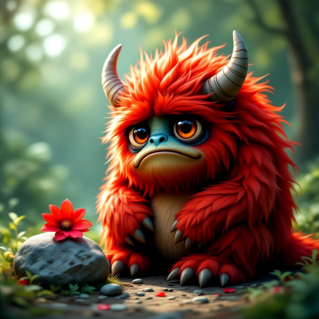 Melancholic Fiery Red Fur Monster Portrait