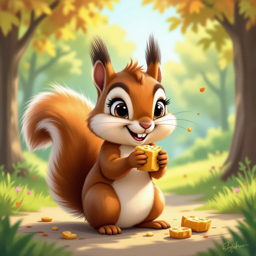 Mischievous Squirrel Stealing Snacks, Cartoon Style