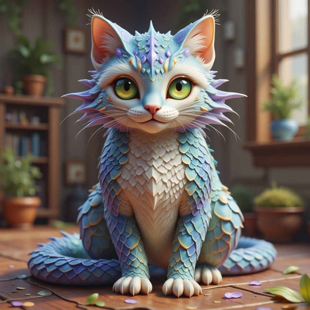Opal Scaled Cat with Cobra Features in 3D Anime Style