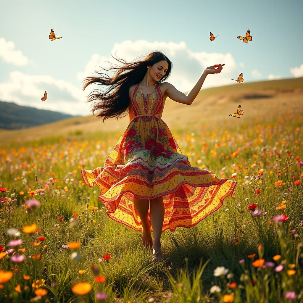 Romantic Gypsy Dancer in Whimsical Wildflower Meadow