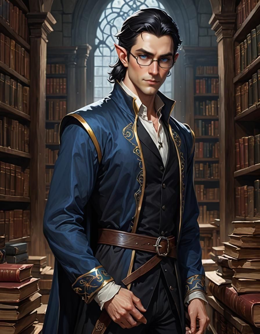Androgynous Elf in Library, Dungeon and Dragons Style