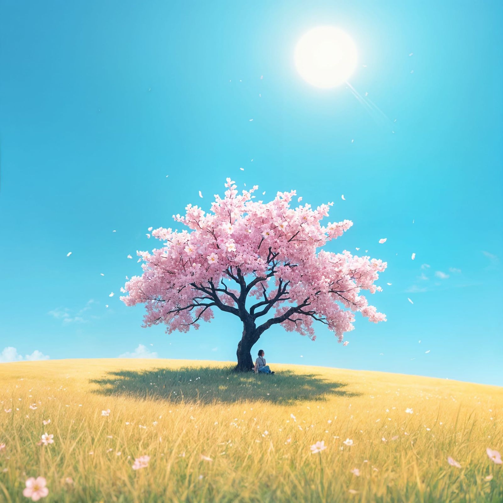 Cherry Blossom Tree in Meadow with Figure