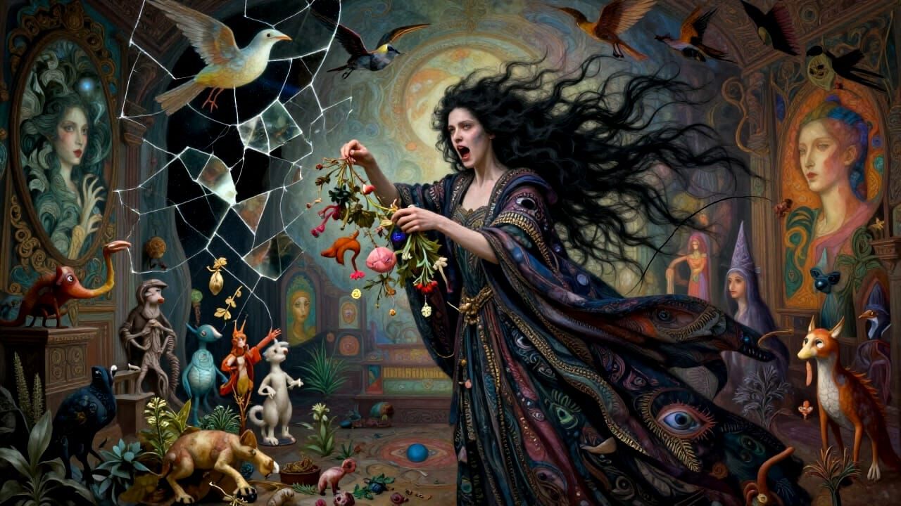 Mystical Witch Crafting Potions in Surreal Spacecraft Room