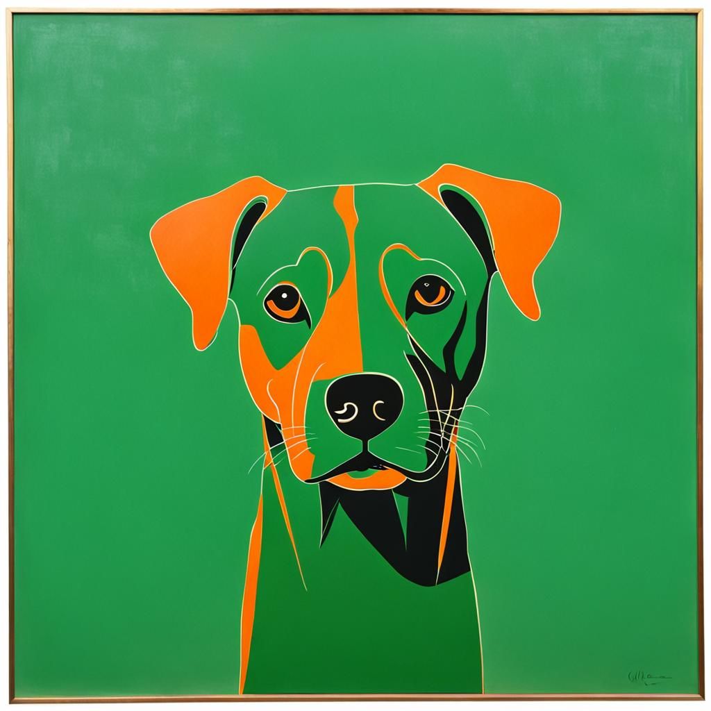 Art Deco Dog Portrait in Green and Orange