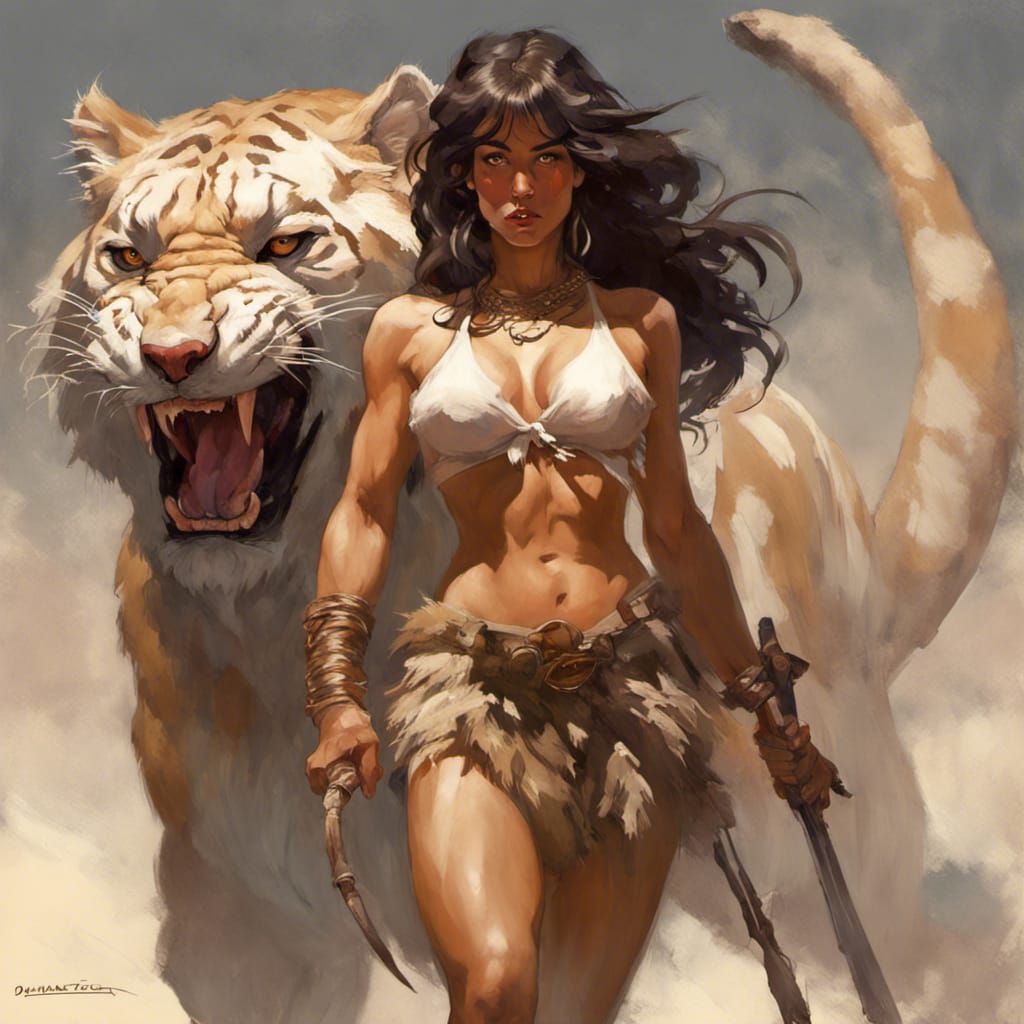 Cavewoman and Sabertooth Tiger Portrait in Fantasy Art Style