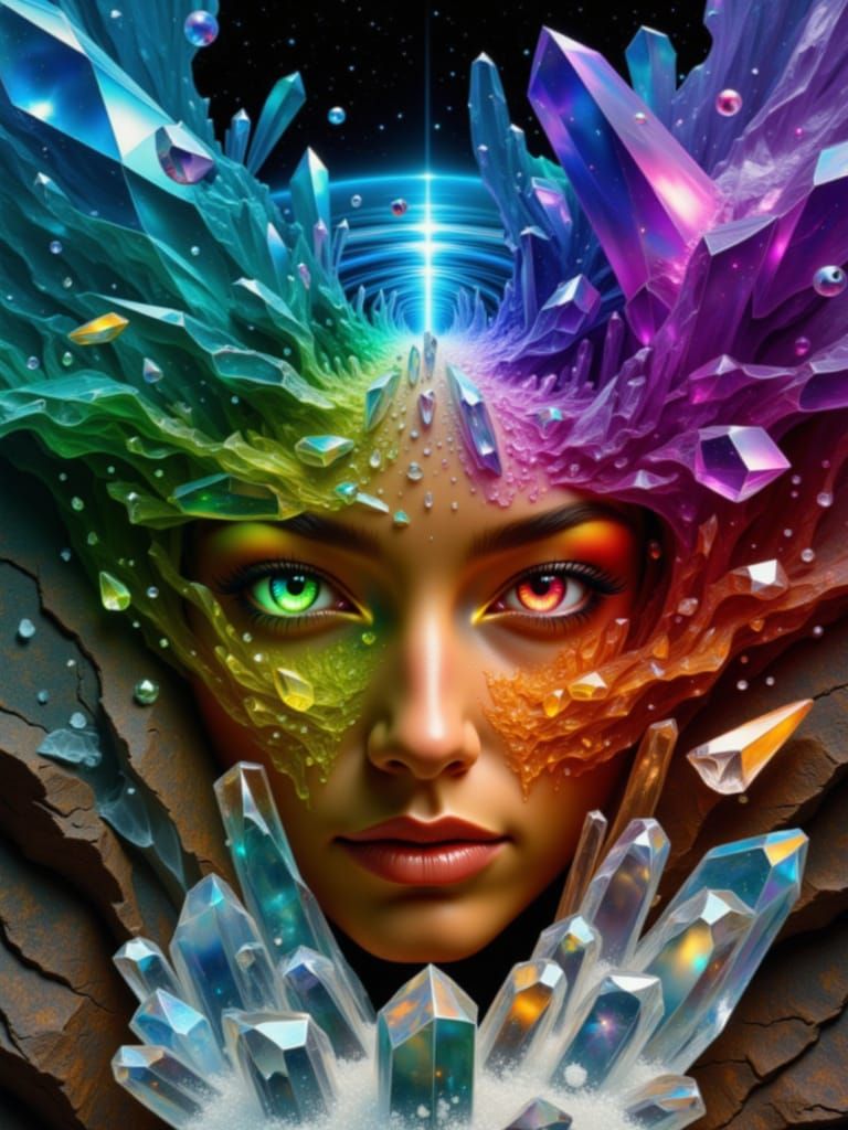 Crystalline Woman Portrait with Aurora Lights, Hyperrealism
