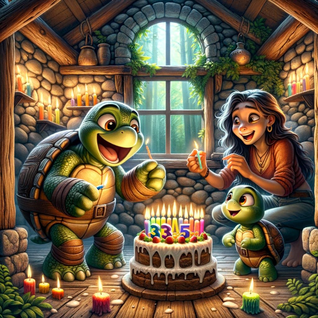 Cartoon Turtle Family Birthday Celebration in Cozy Forest Ho...