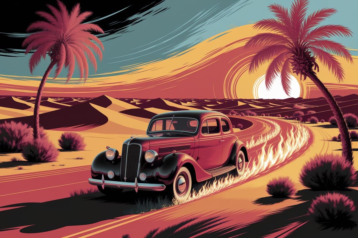 Vintage Car in Desert Sunset: Digital Oil Painting