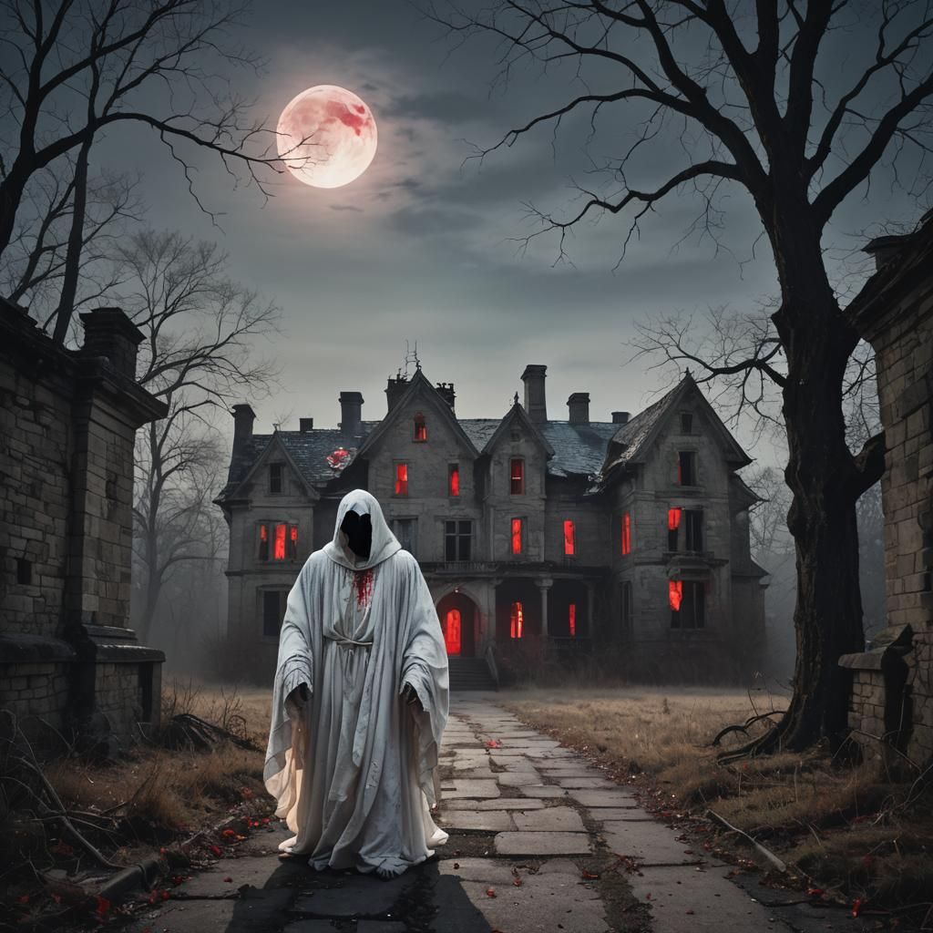 A chilling scene A spectral figure, draped in tattered white robes, appears before an old, abandoned mansion under a moo...