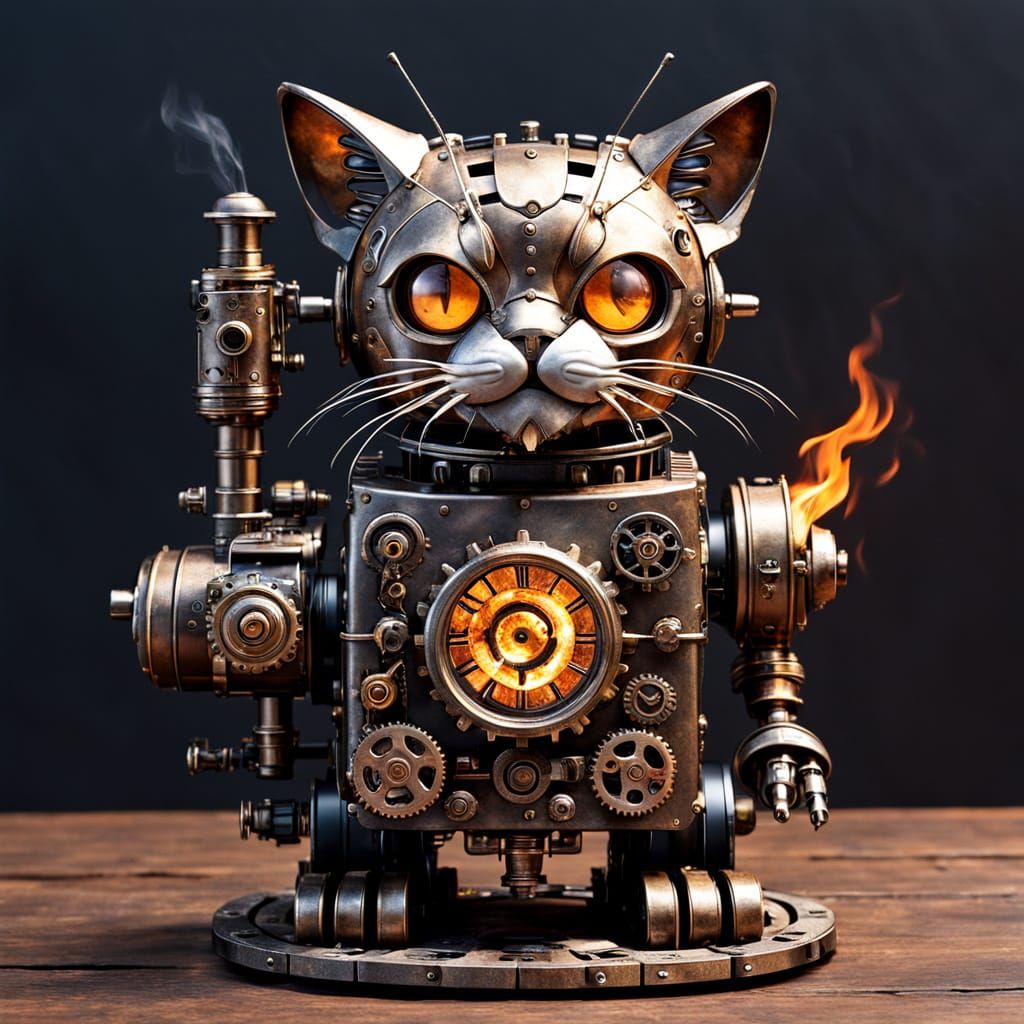 Mechanical Steampunk Robot Cat Unleashes Fiery Steam