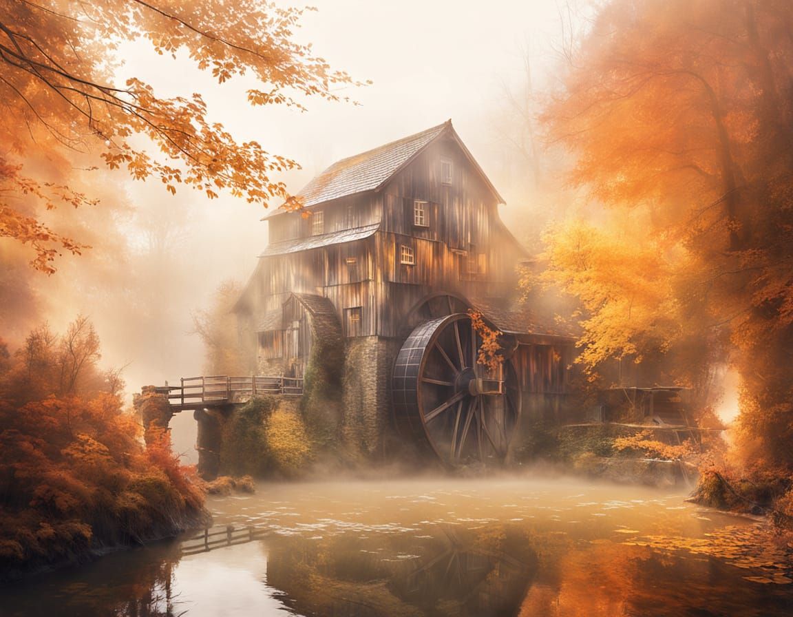 Dreamy Autumn Watermill in Impressionist Style