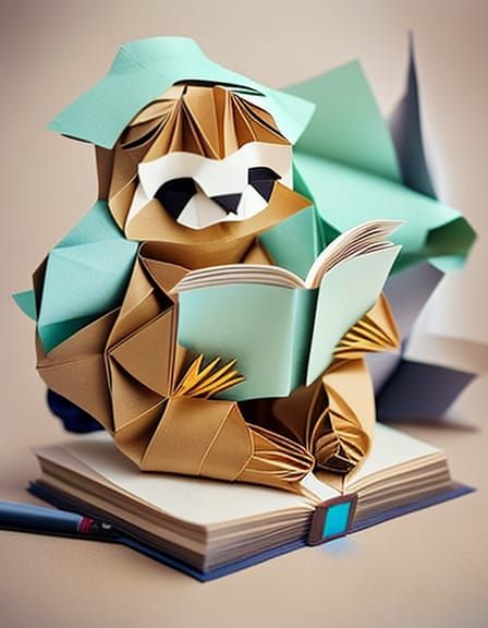 Papercrafted Sloth Reading: Origami Art