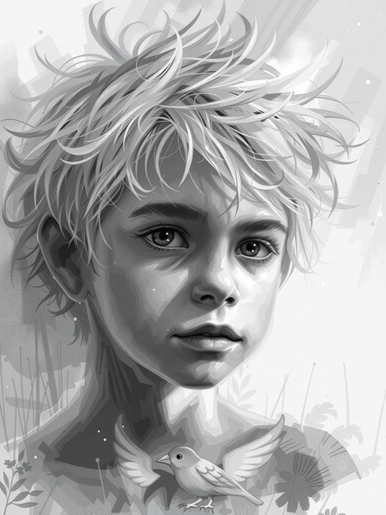 Boy in Forest with Wooden Bird, Storybook Style