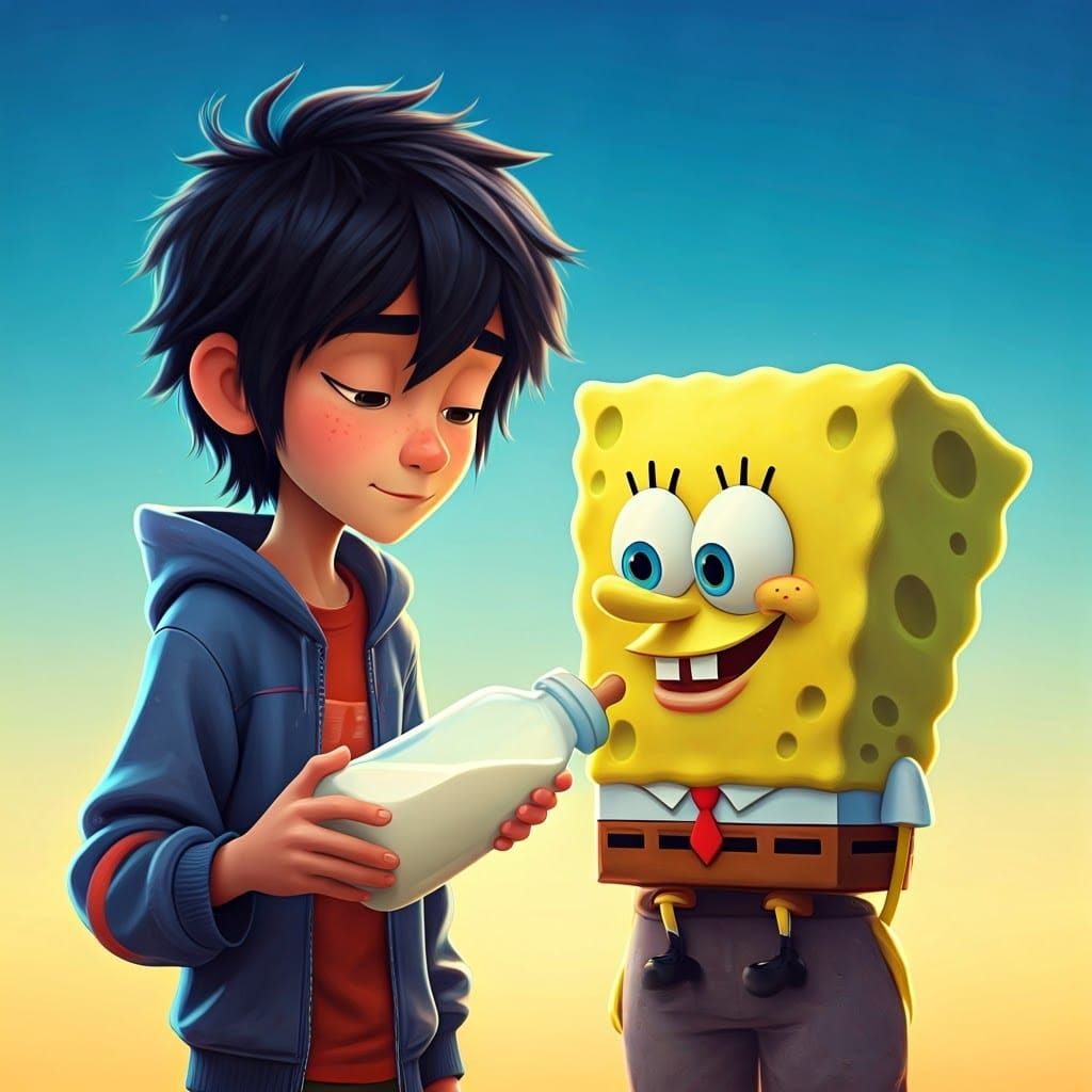 Hiro Feeds SpongeBob: Pixar-Style 3D Render