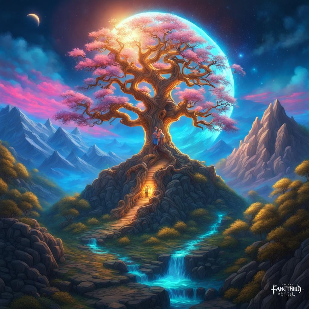 Bioluminescent Tree of Life in Fantasy Landscape