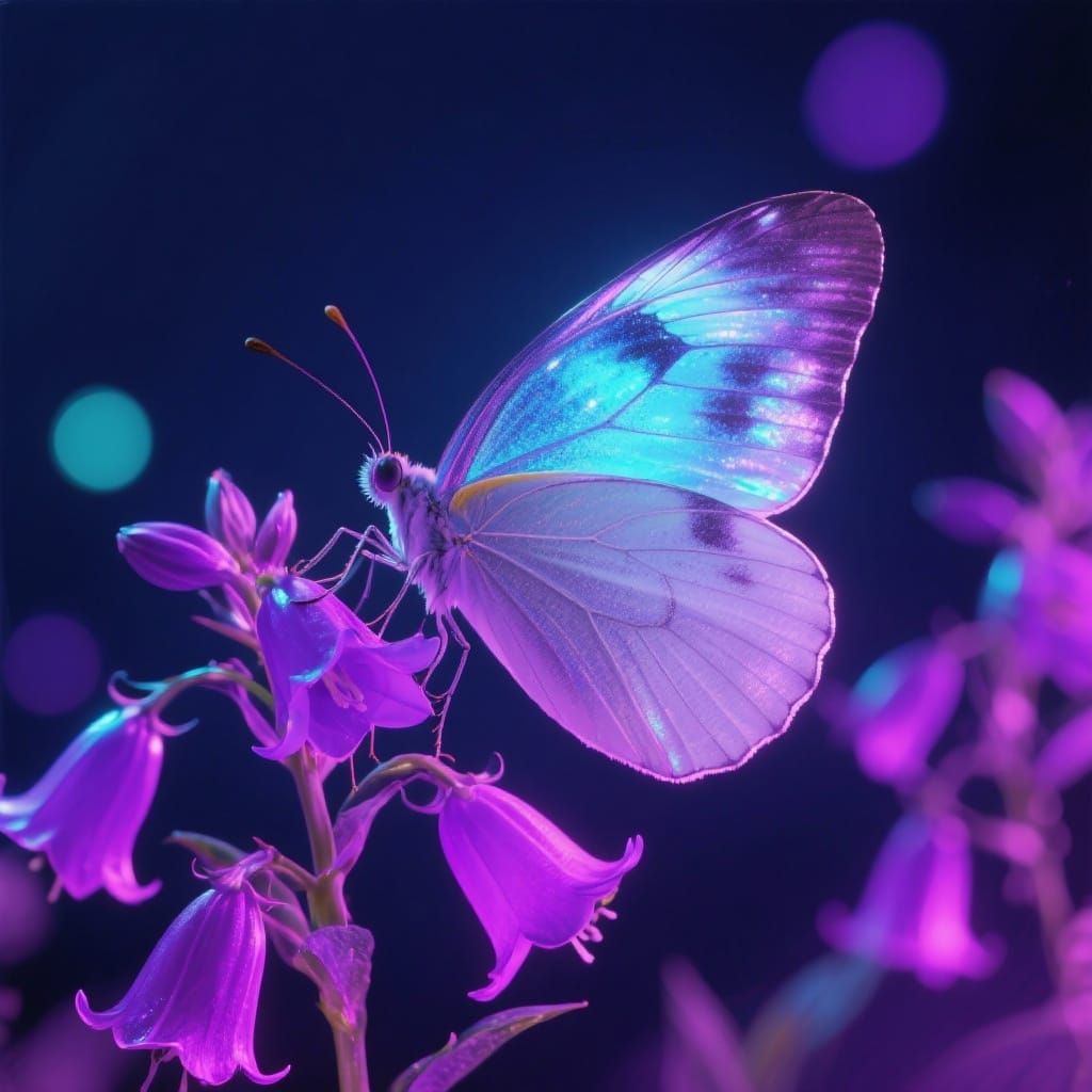 Iridescent Butterfly on Flowers in Synthwave Style