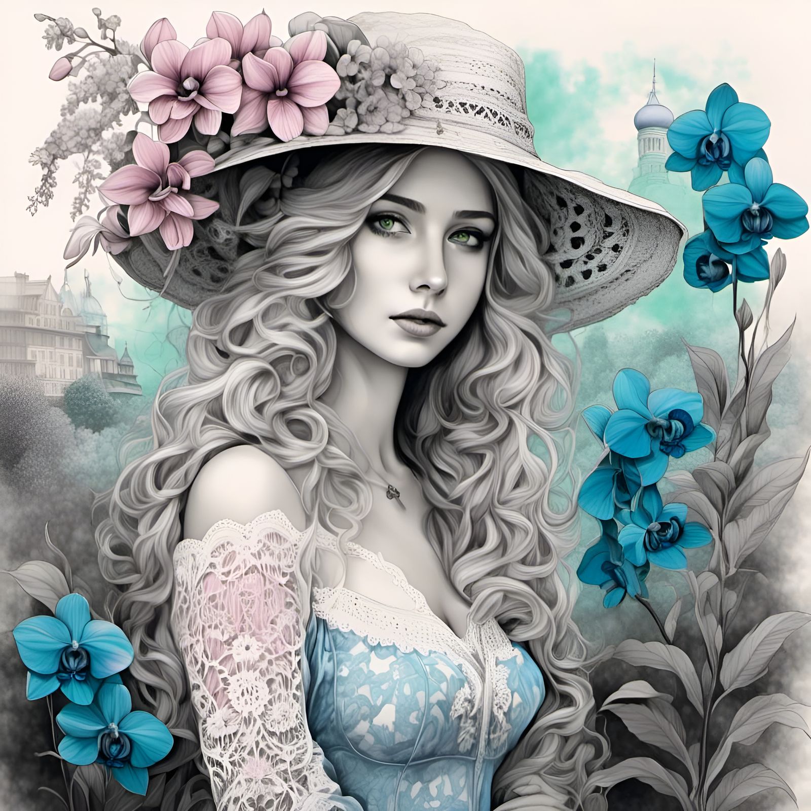 Watercolor Woman in Blue with Floral Background