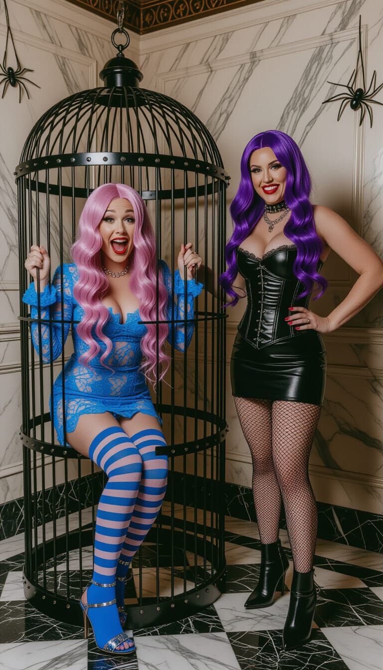 Woman Trapped in Giant Birdcage by Evil Figure