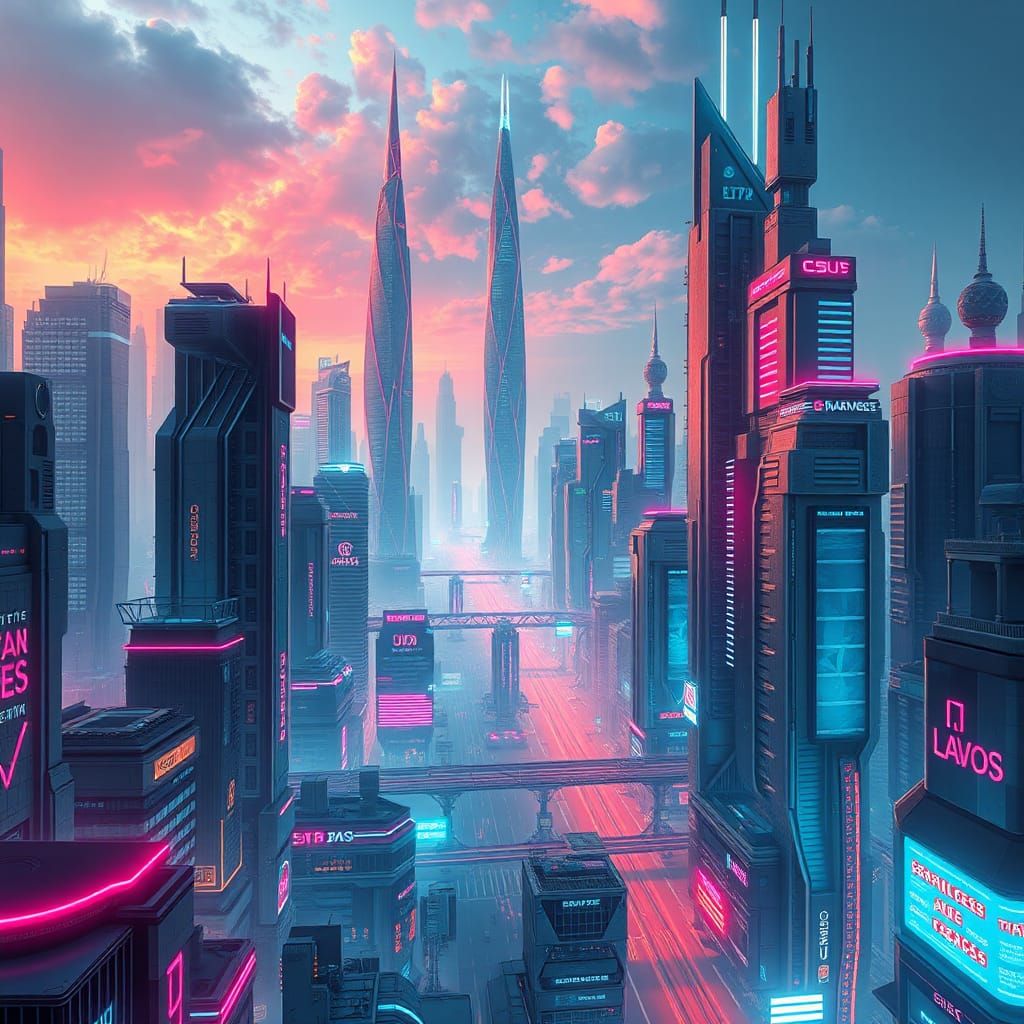 Futuristic Cityscape in Cyberpunk Style with Neon Lights