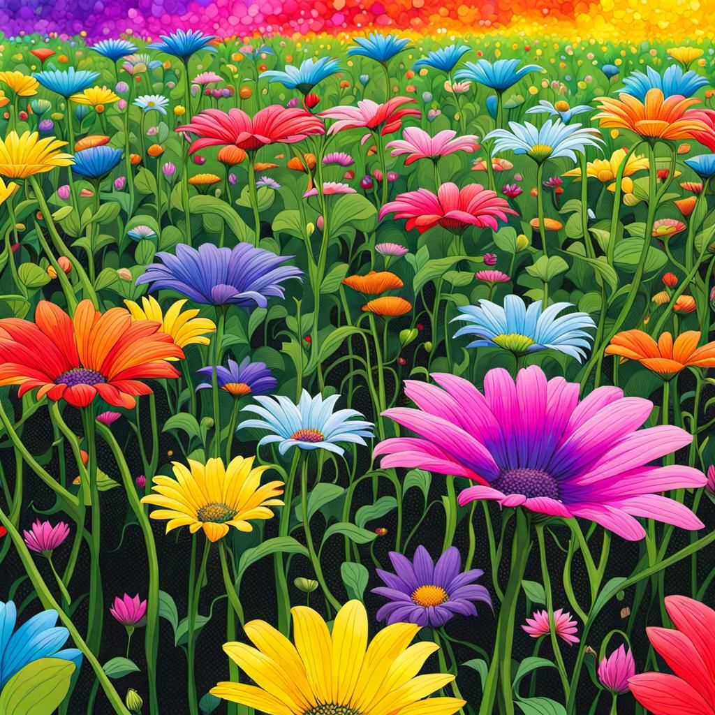 Rainbow Flower Field From Ground Perspective