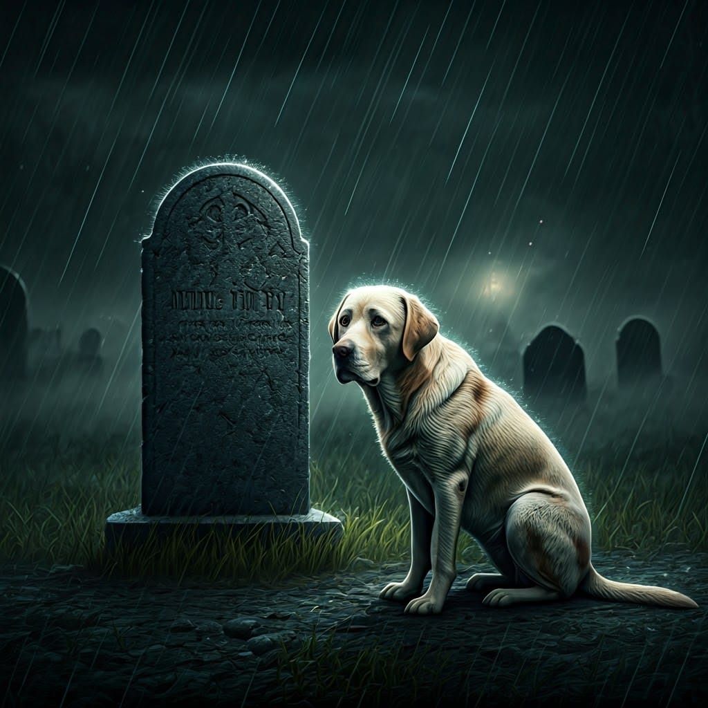 Majestic Labrador Contemplates Solitary Grave in Moonlit Cem...
