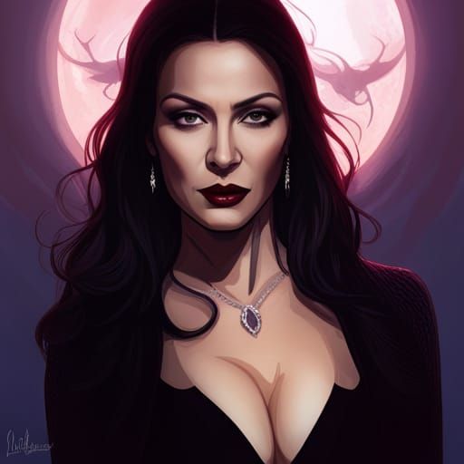 Elegant Morticia Addams Portrait in Art Nouveau Style