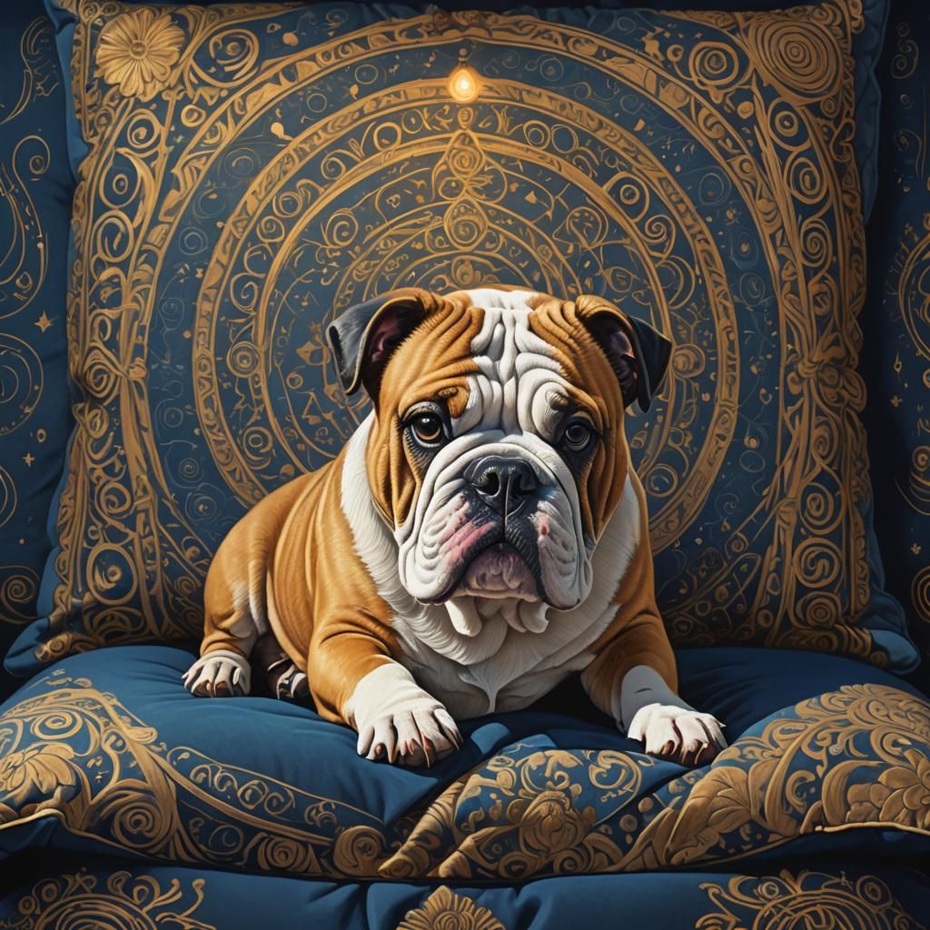 Majestic Bulldog on Mystical Pillow, Digital Art