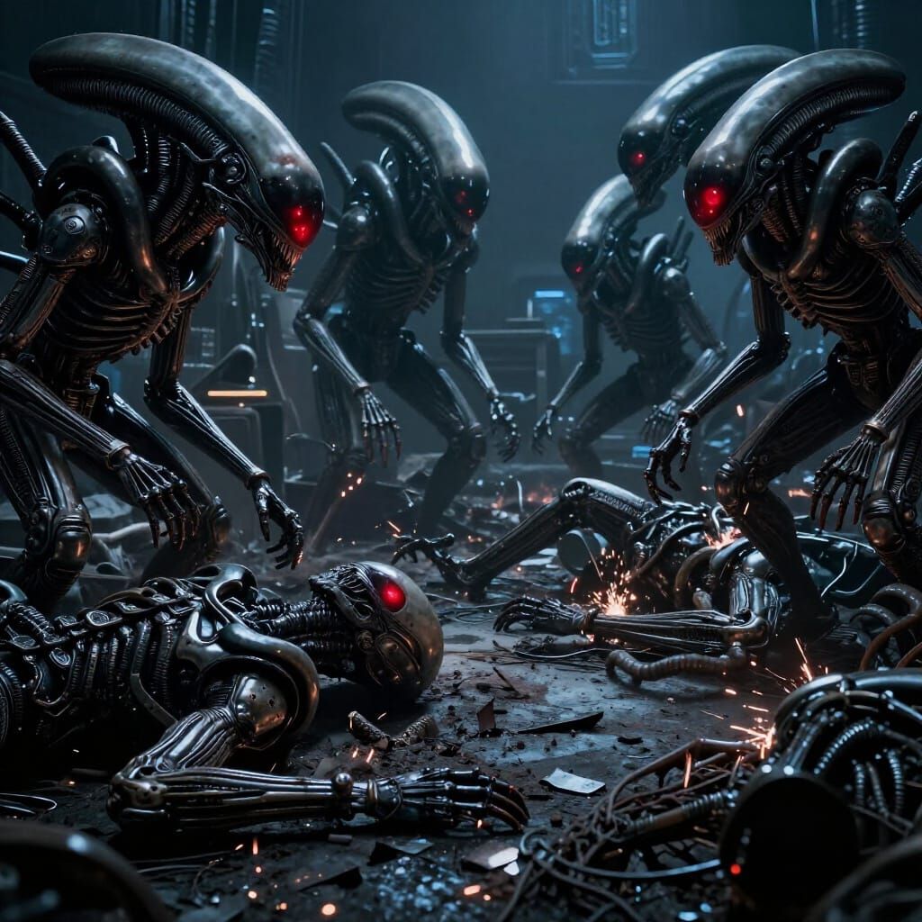 Futuristic Battlefield with Dead Xenomorphs and Terminator T...