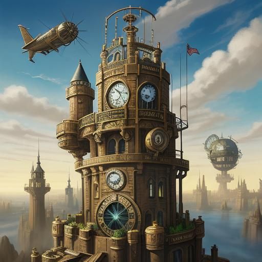 Airship Docking on Clock Tower Illustration