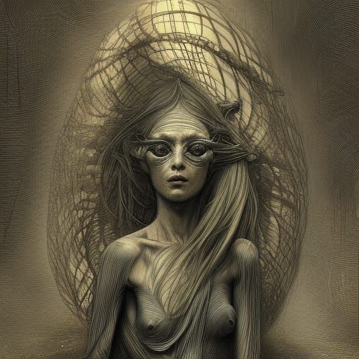 Captive Alien: A Digital Painting in Gustave Doré Style