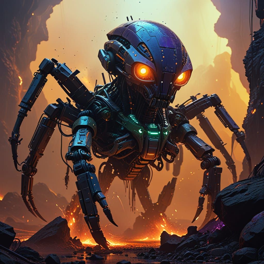 Biomechanical Robot Amidst Lava and Steam in a Volcanic Vort...