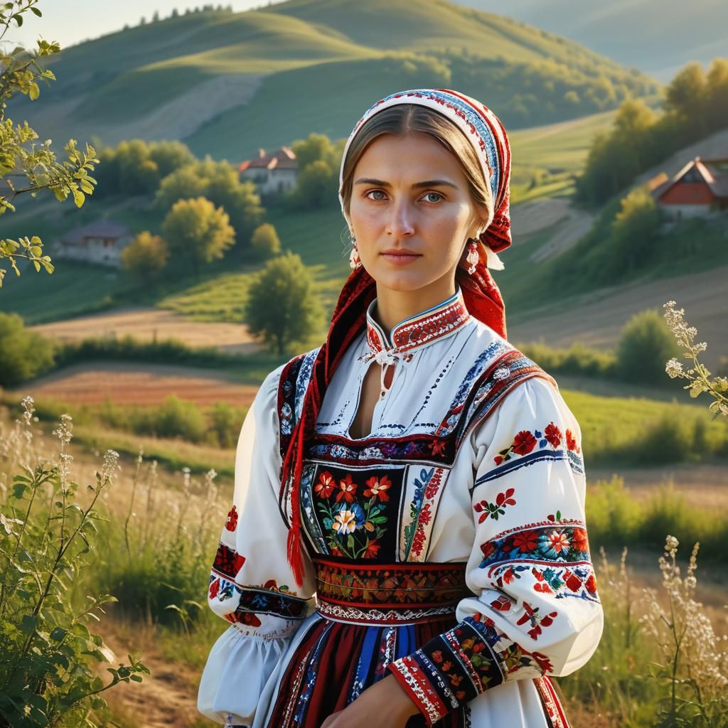 Serbian Folk Costume Portrait in Naïve Art Style