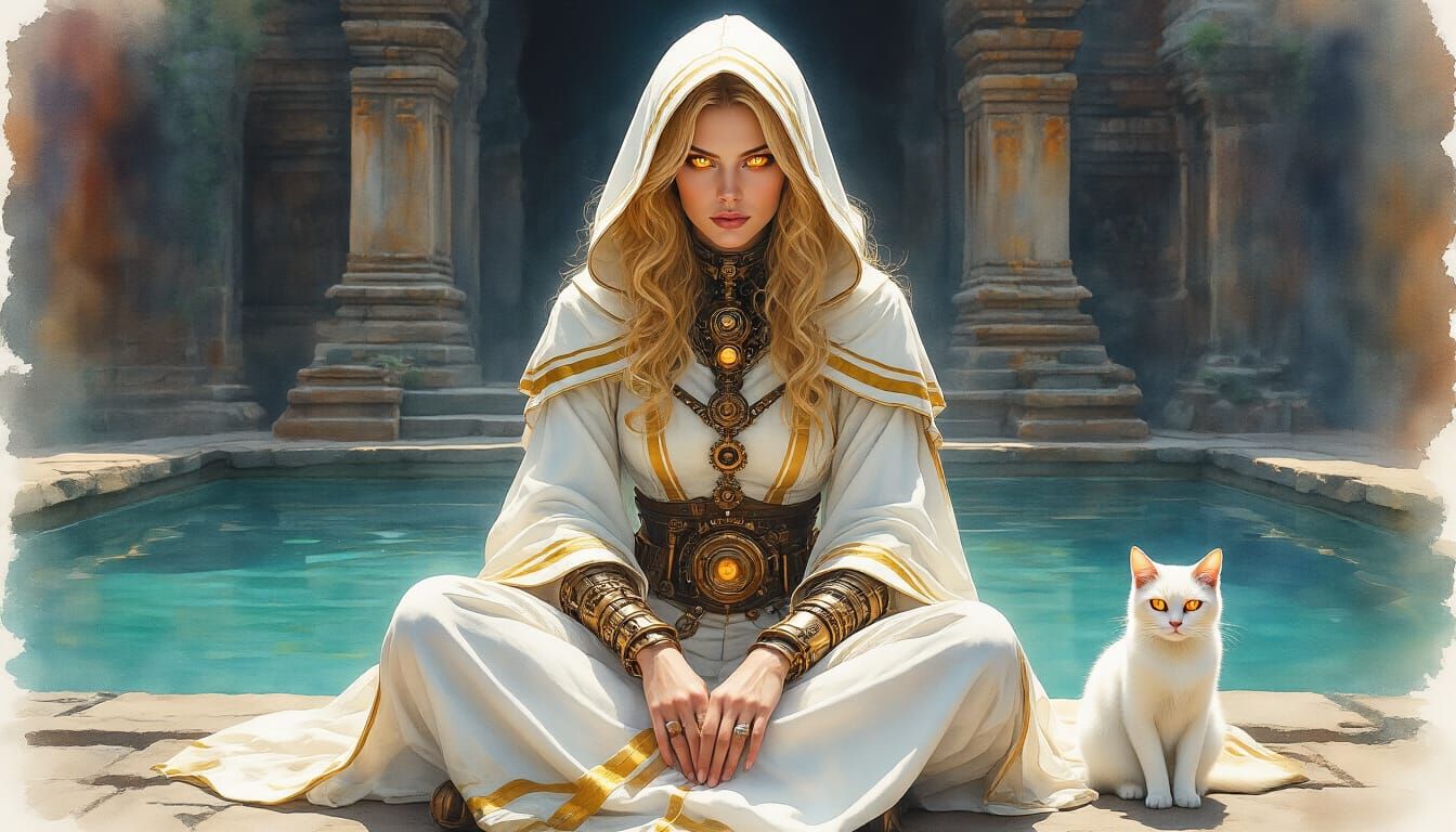 Steampunk Seer with Cat in Watercolor Style