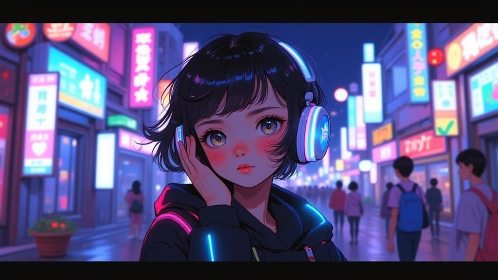 Teen Ninja Girl with Neon Headphones in Japanese City