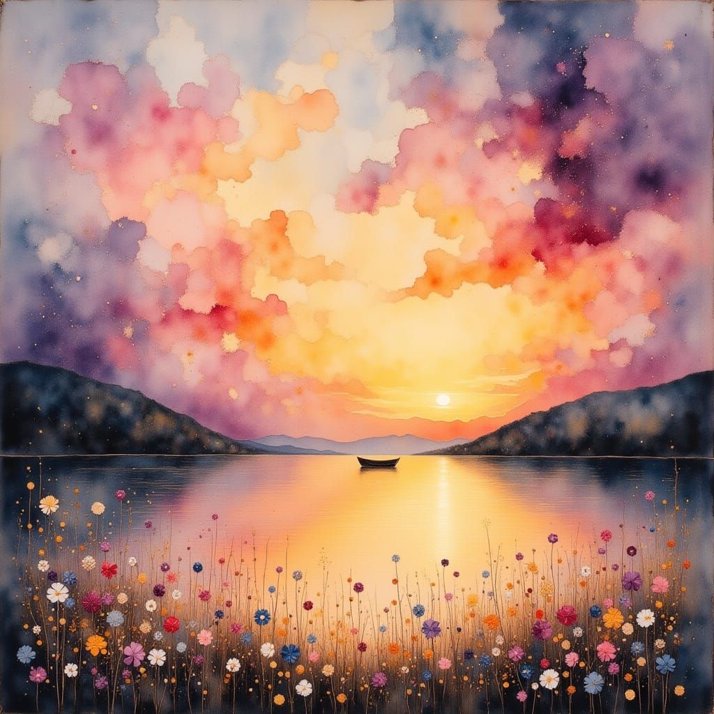 Peaceful Impressionist Sunset on Serene Lake