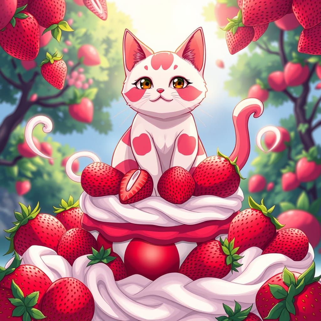 Anime-Inspired Strawberry Shortcake Cat on Decadent Shortcak...