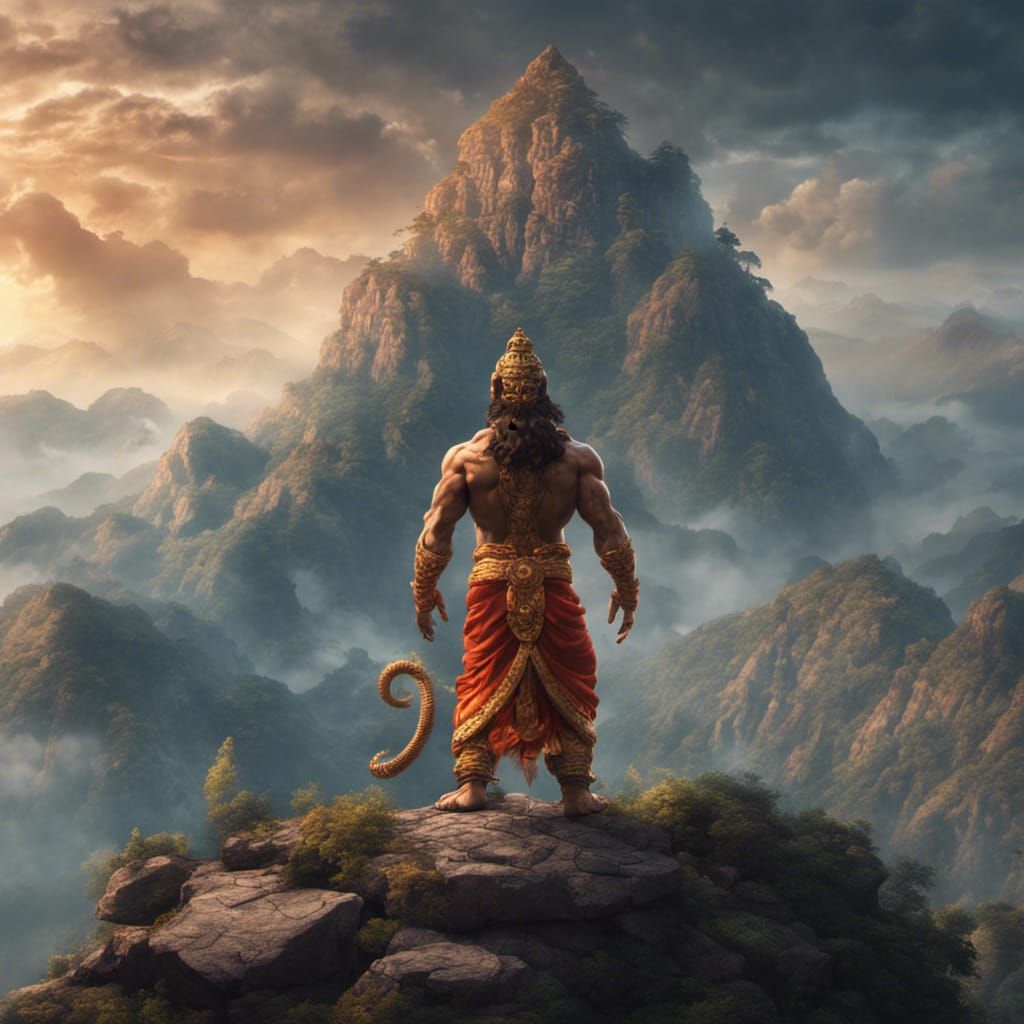 Hanuman Watches from Mountain Peak: Detailed Matte Painting