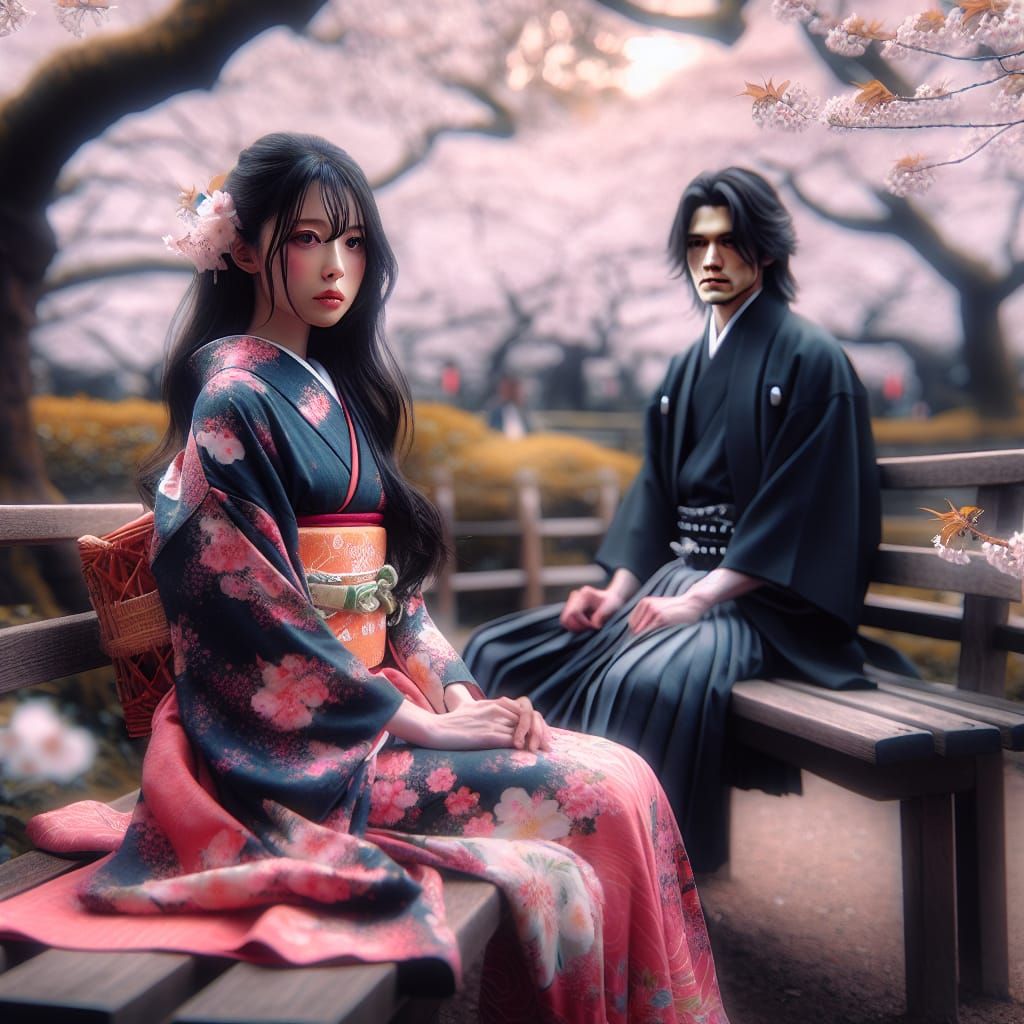 Japanese Girl in Cherry Blossom Park with Samurai