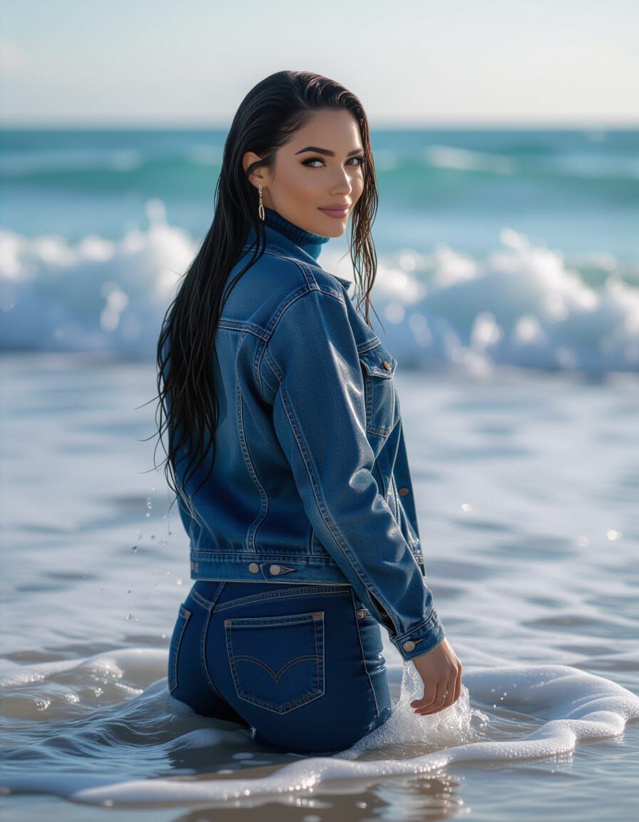 Woman Wades Into Autumn Waves in Wet Jean Jacket
