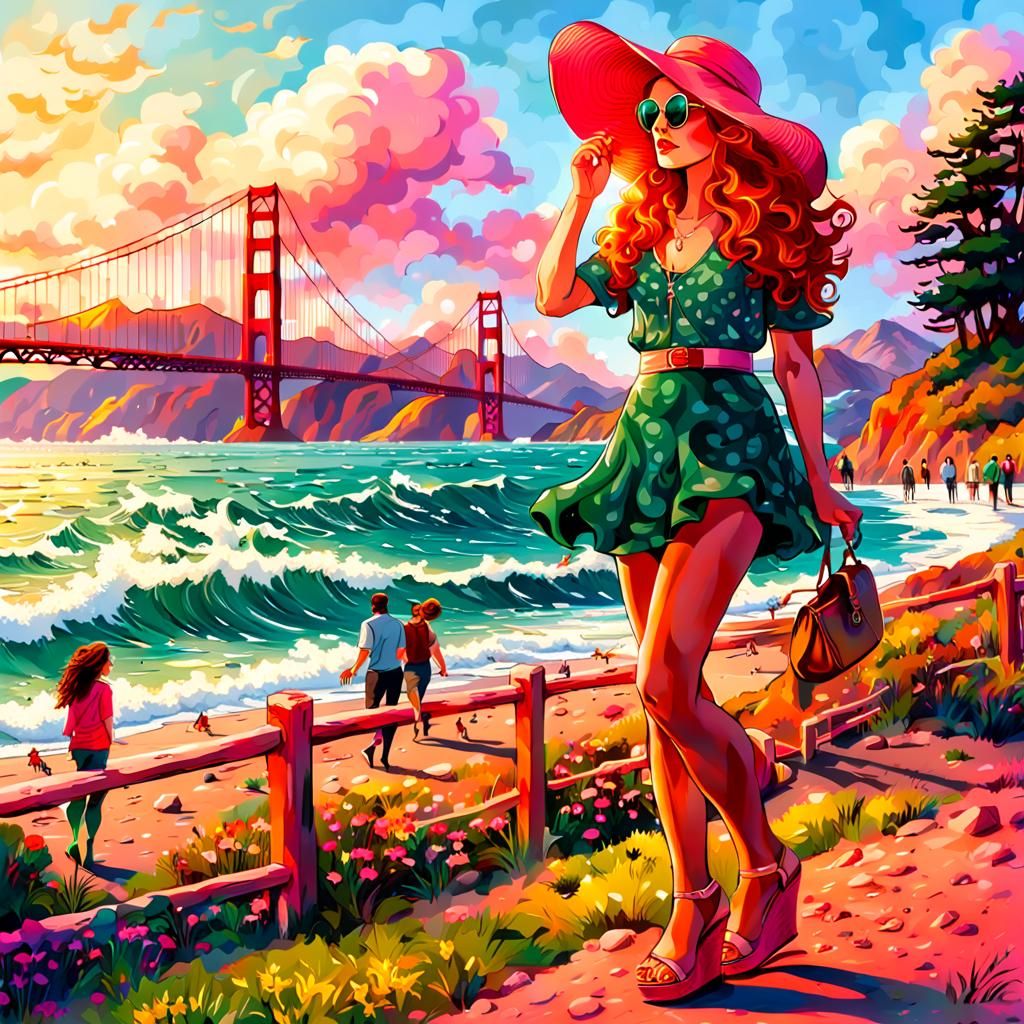 Woman with Red Hair on San Francisco Beach