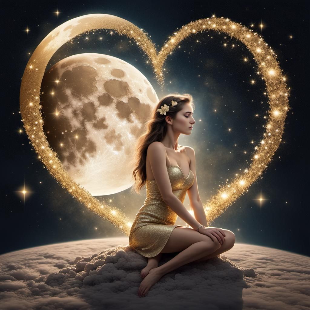 Ethereal Woman on Heart-Shaped Moon