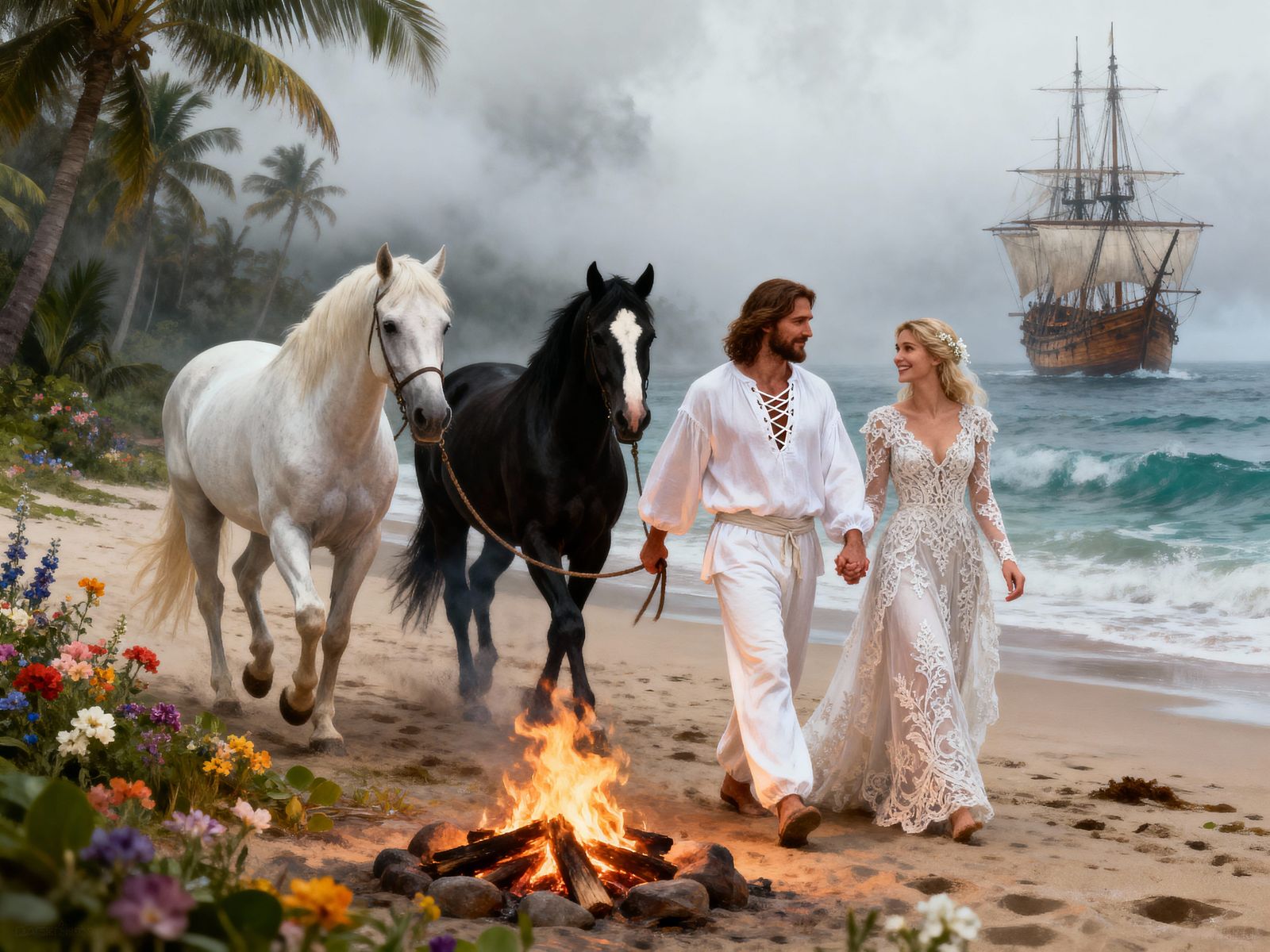 Couple Walks Tropical Beach with Horses and Ship