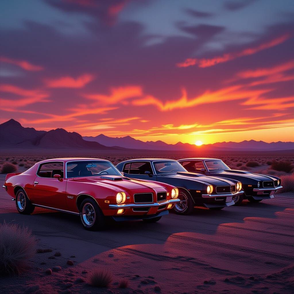 Iconic 1970s Muscle Cars on Desert Highway at Sunset