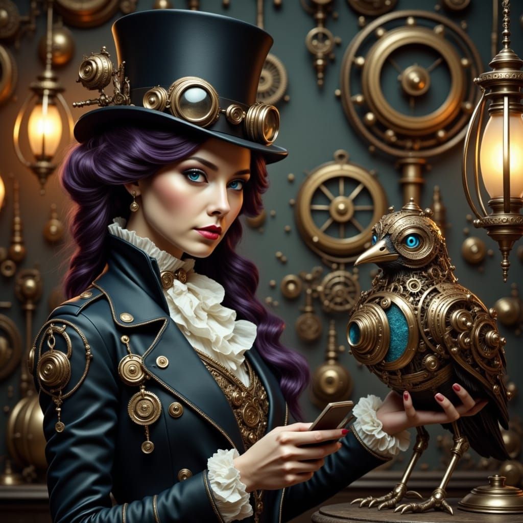Victorian Inventor with Clockwork Bird in Steampunk Workshop