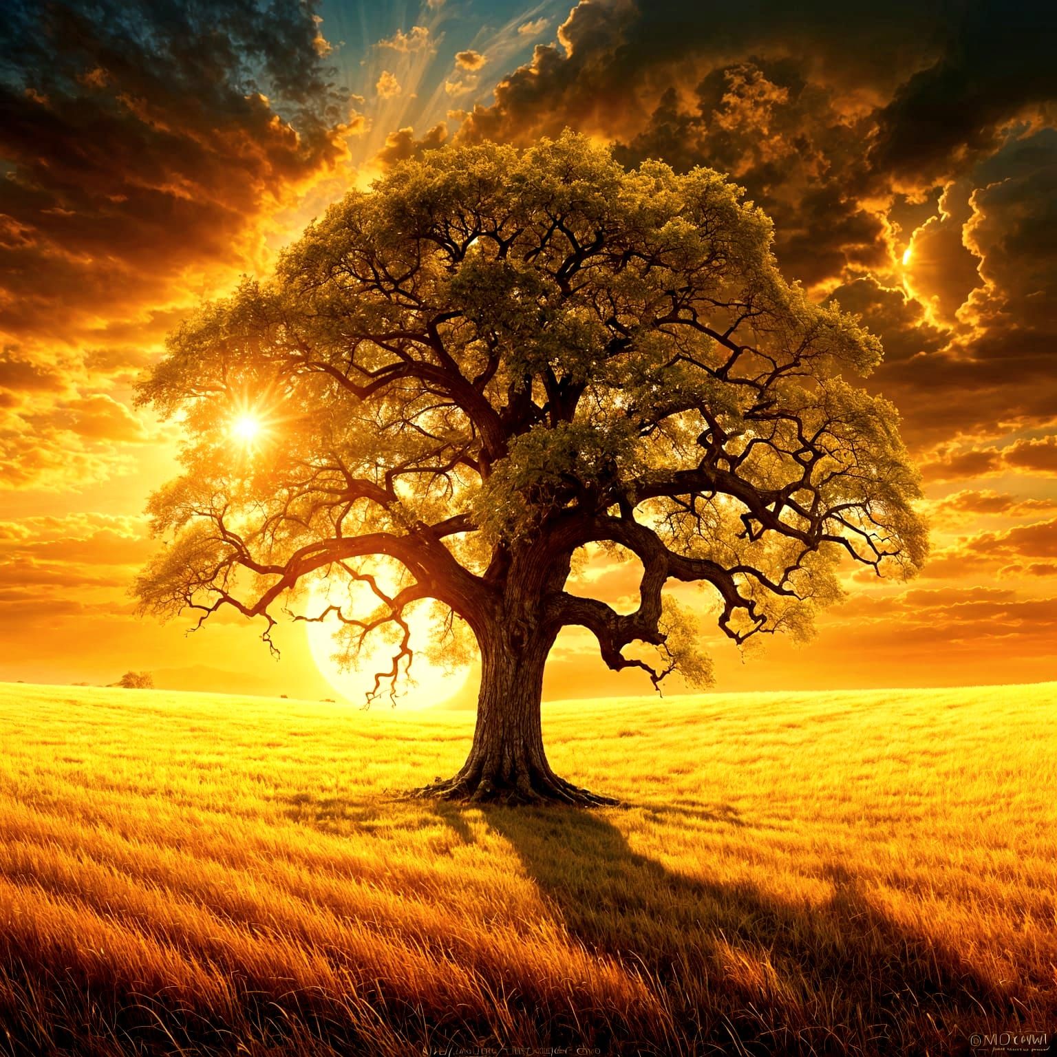 Surreal Dusk: Lone Oak in Golden Field