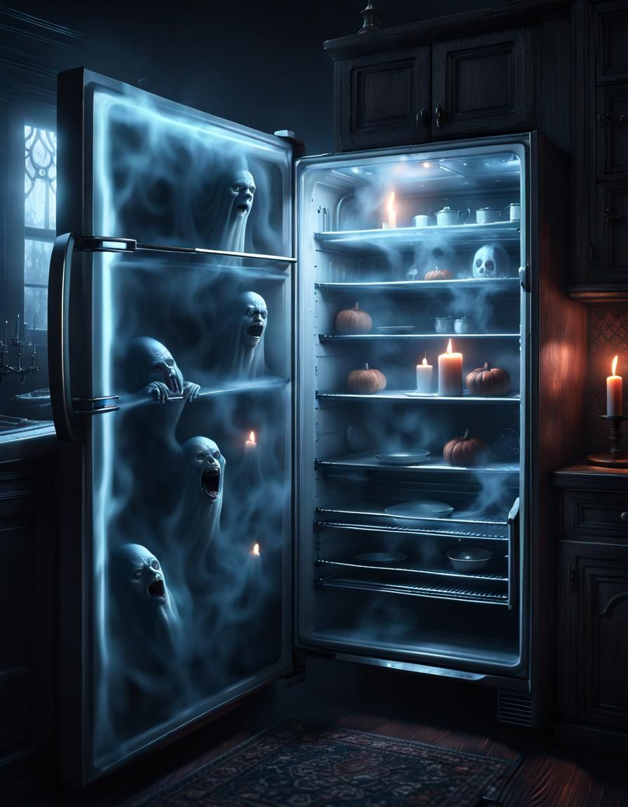 Spooky Gothic Frost Ghost Fridge in Dark Kitchen