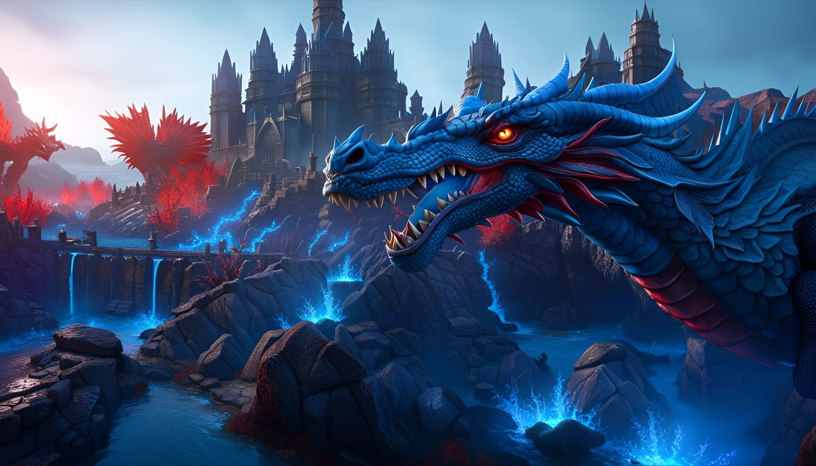 Blue Dragon in Apocalyptic Fantasy World